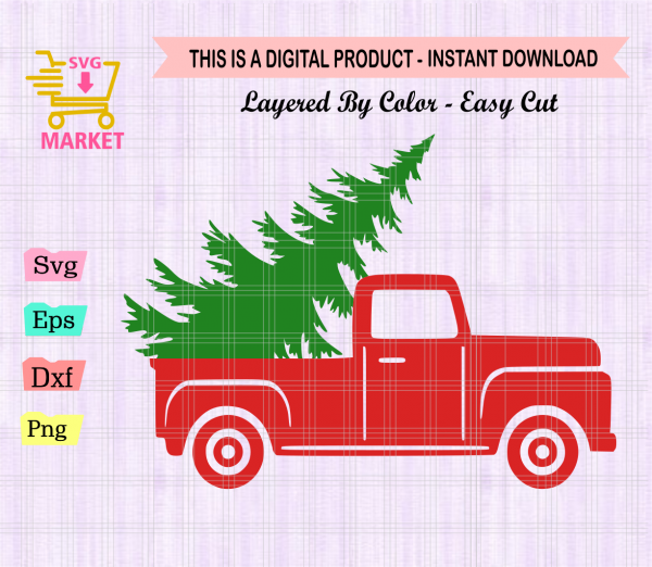 Vintage red truck with christmas tree svg file, Christmas svg free for Cricut, Silhouette